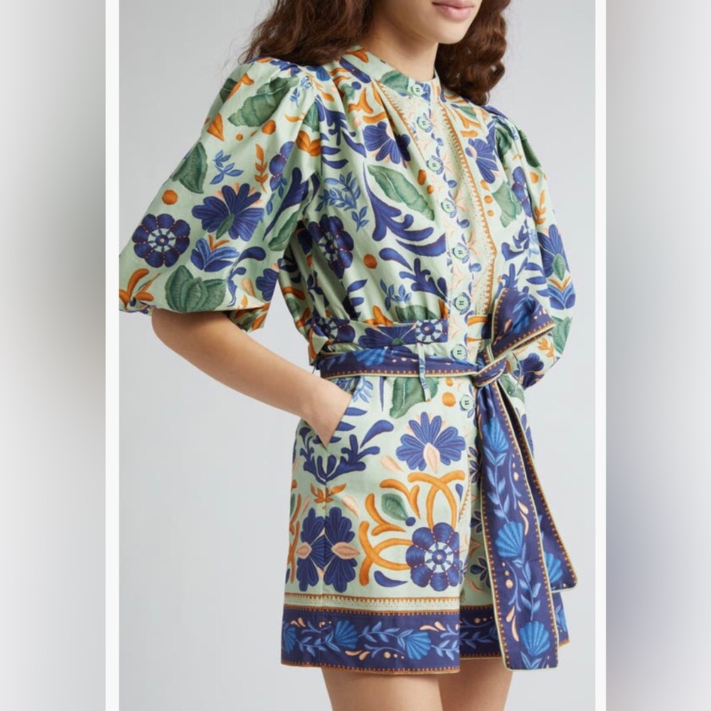 NWT $200 FARM Rio Ocean Tapestry Puff Sleeve Cotton Romper in Medium! - Picture 4 of 6